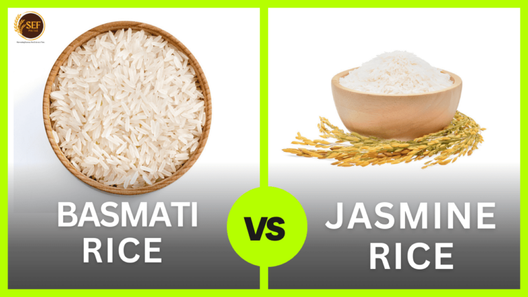 Side-by-side comparison of Basmati and Jasmine rice grains.