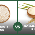 A side-by-side comparison of Basmati and Non-Basmati rice varieties, showcasing their differences in grain size and texture.