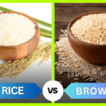 Comparison of white rice and brown rice grains side by side.