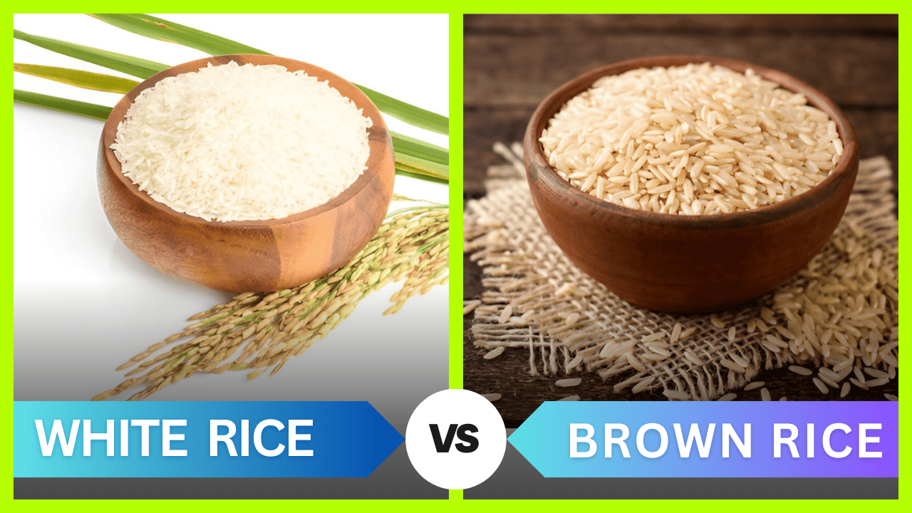 Comparison of white rice and brown rice grains side by side.