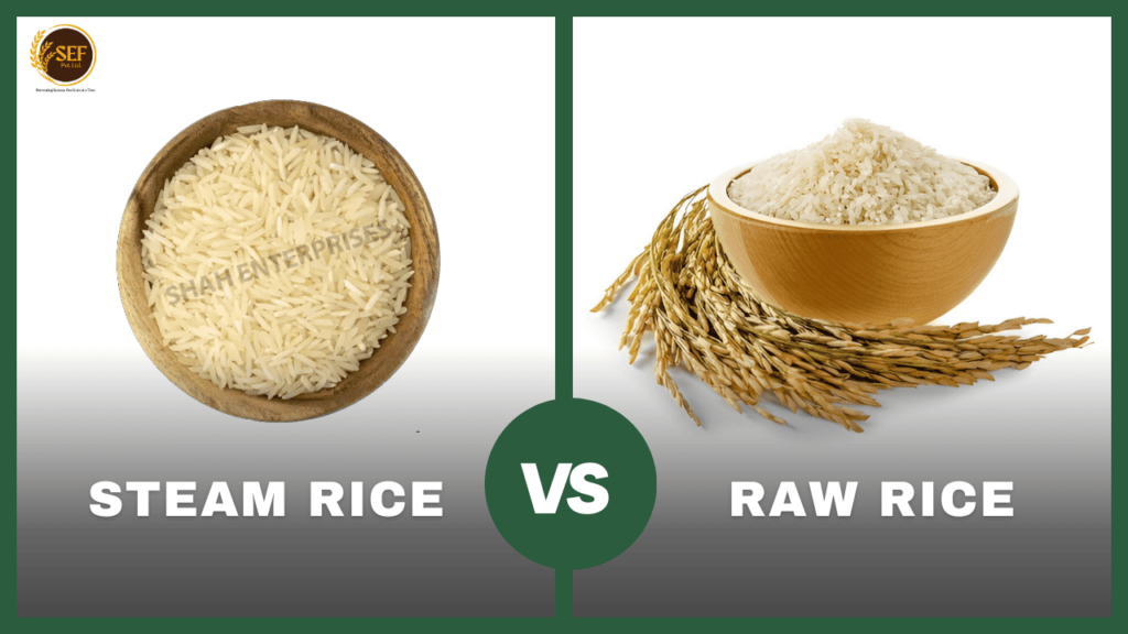 Steam rice vs raw rice – visual comparison of texture and grains.