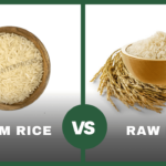 Steam rice vs raw rice – visual comparison of texture and grains.