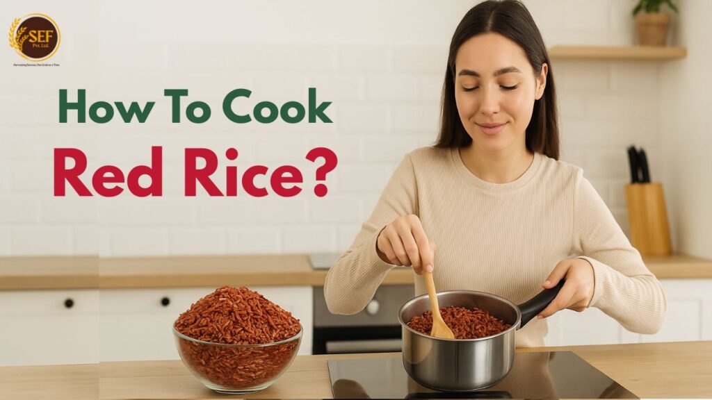 Step-by-step red rice cooking in a pot with steam rising.