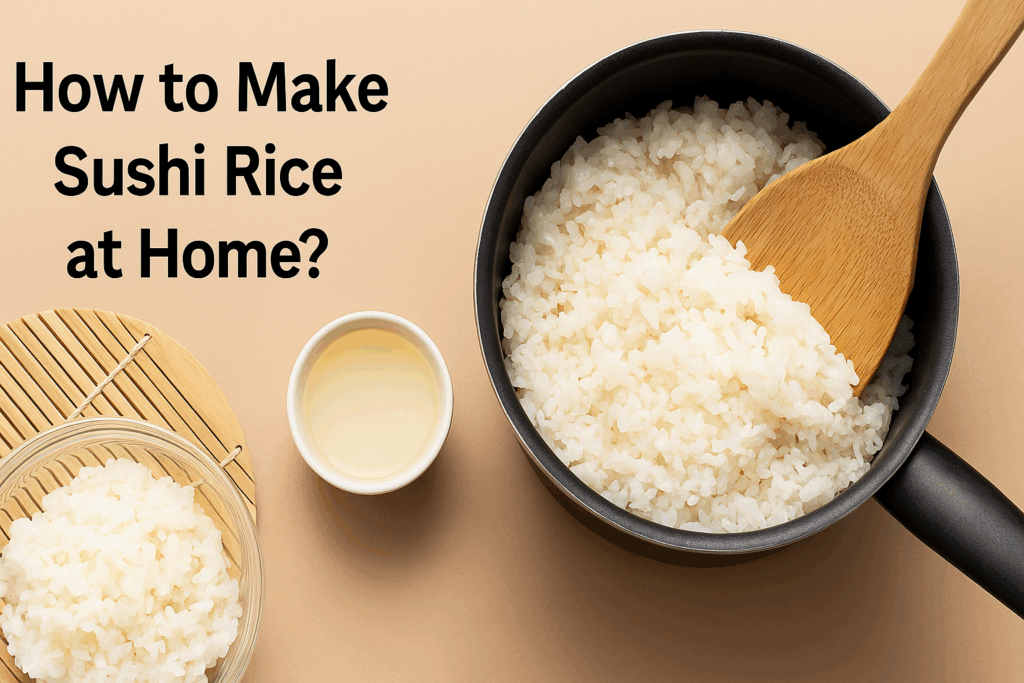 Cooked sushi rice in a bowl with rice vinegar, sugar, and salt—ingredients for making sushi rice at home.