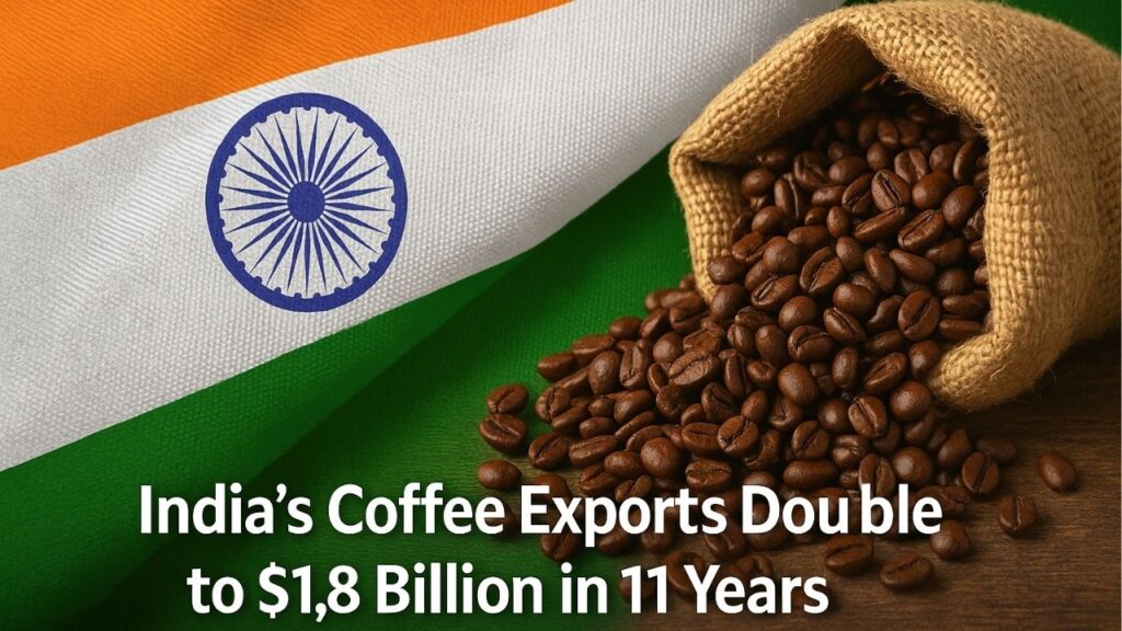 India coffee export growth with national flag and roasted coffee beans symbolizing $1.8 billion milestone in global trade.