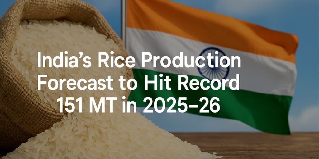 India rice export forecast 2025–26 with Indian flag and graph highlighting 151 MT rice production target.