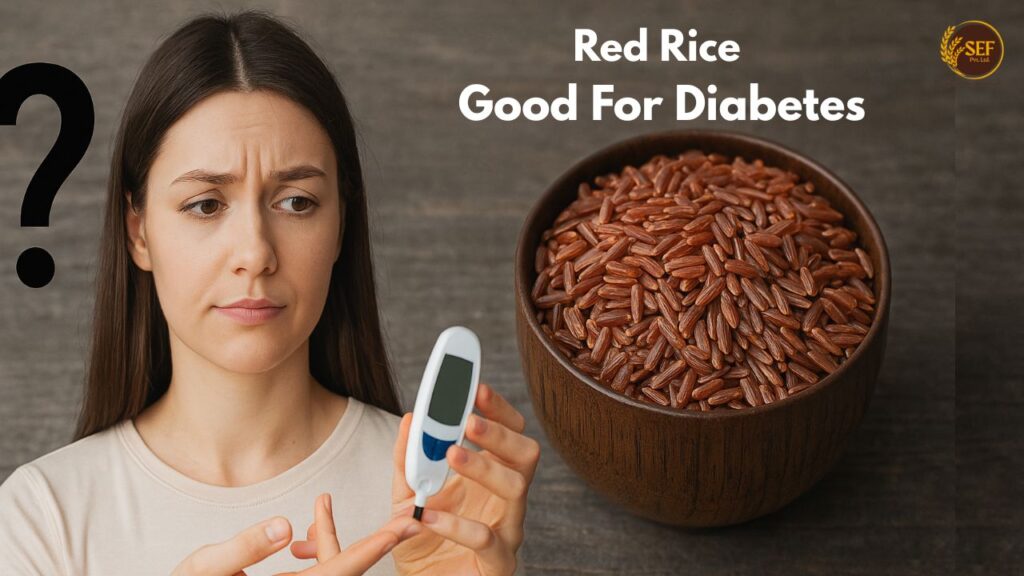 Glucose meter next to a bowl of red rice, indicating diabetic-friendly food.