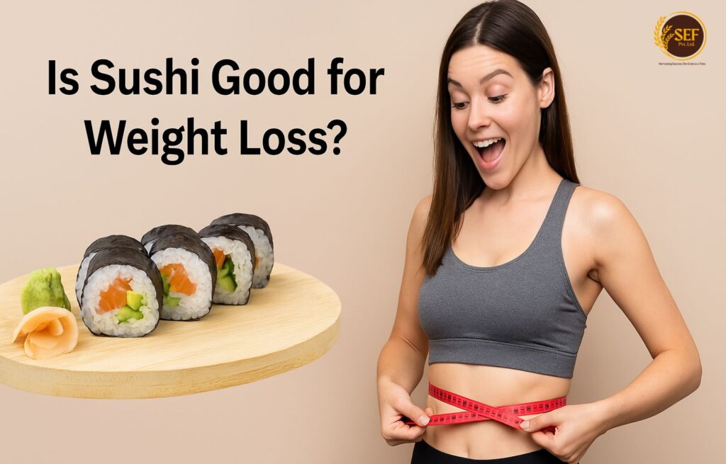 Low-calorie sushi rolls with vegetables and lean fish, ideal for a weight loss-friendly diet.