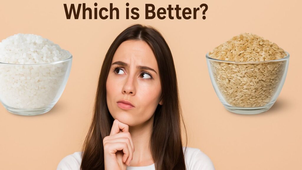 Young woman comparing sushi rice and brown rice in clear glass bowls, questioning which rice is healthier