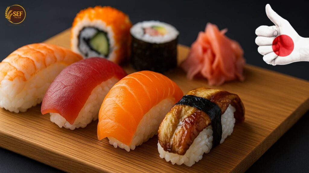 A beautifully arranged assortment of traditional Japanese sushi including nigiri and maki rolls on a wooden platter.