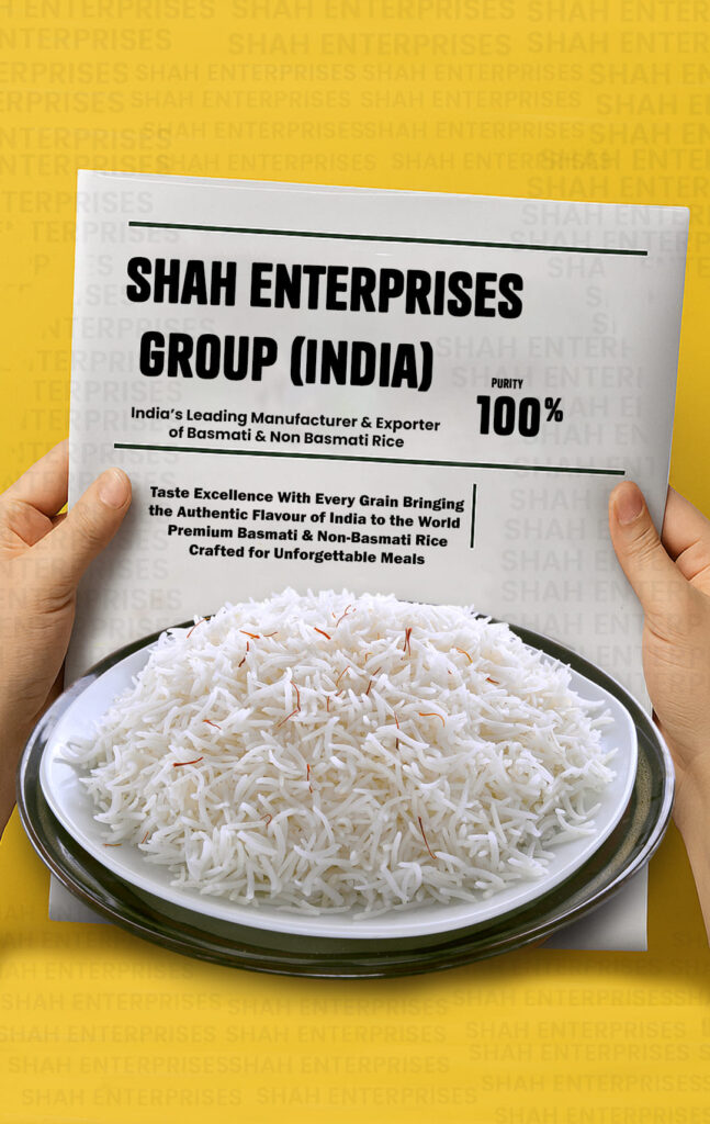 Premium quality basmati rice served on a white plate by Shah Enterprises, leading rice exporters in India with 100% purity guarantee.