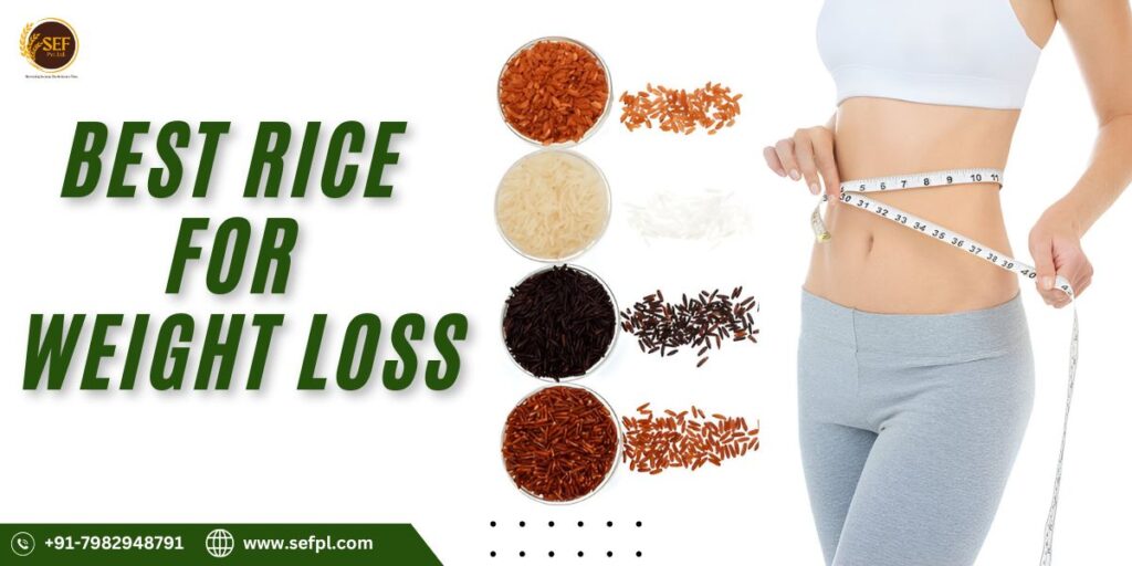 Healthy rice varieties including brown, red, black, and basmati rice arranged for weight loss comparison.