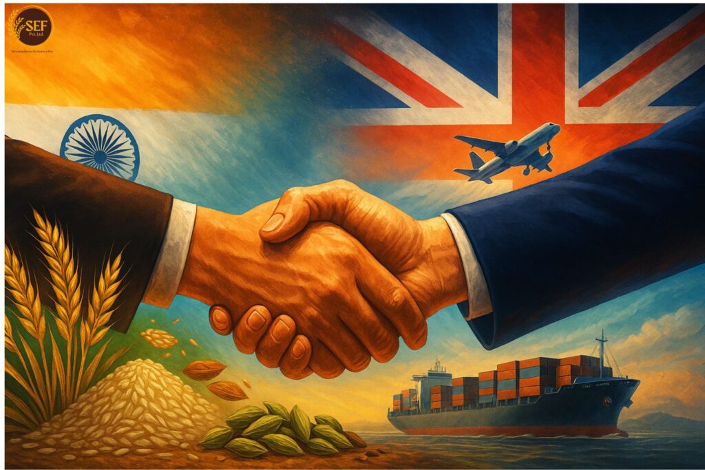 Handshake between India and UK with agricultural exports, flags, cargo ship, and airplane in the background.