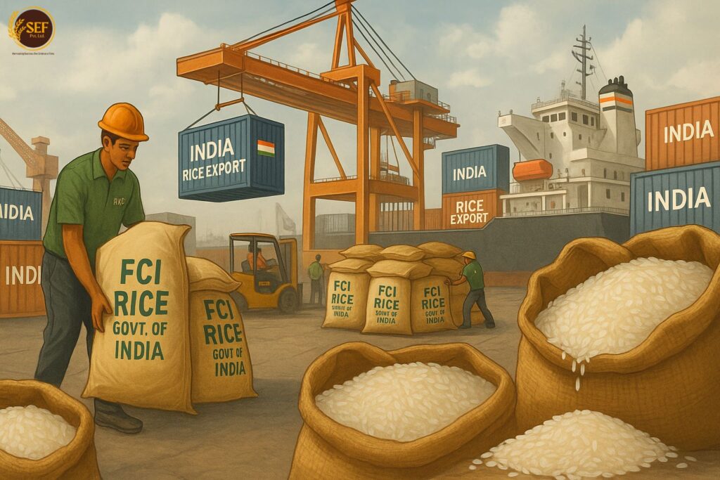Indian port workers handling FCI rice sacks during large-scale rice export loading with Indian flags and containers marked “India Rice Export.