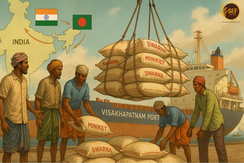 Workers load Indian rice sacks labeled Swarna and Miniket onto a cargo ship at Visakhapatnam Port for export to Bangladesh, with national flags and trade map in background.