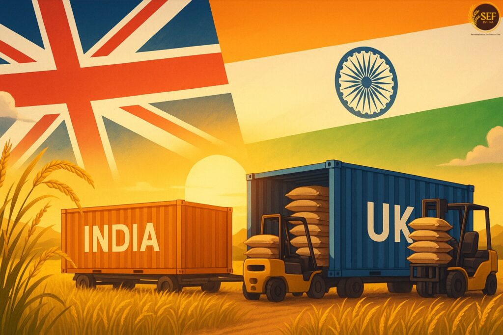 Illustration of India-UK Free Trade Agreement boosting Basmati rice exports with flags, rice fields, and shipping containers.