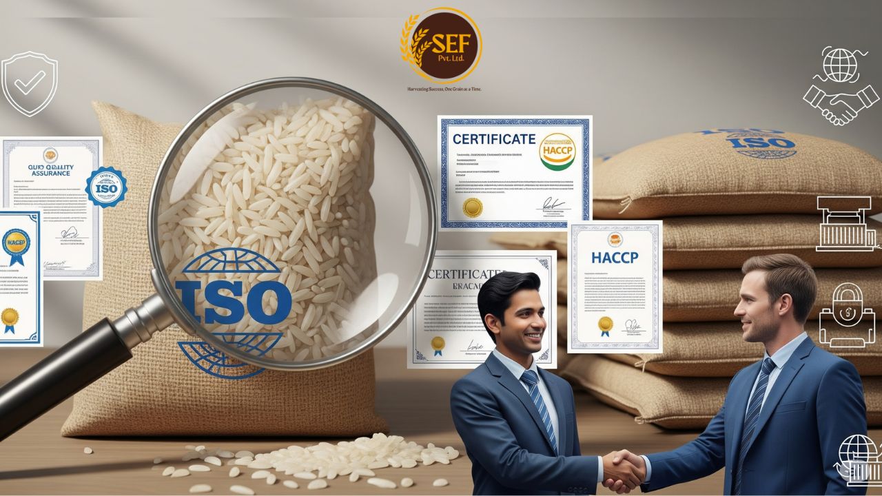 Business banner with magnifying glass, rice bags, certifications, and handshake.
