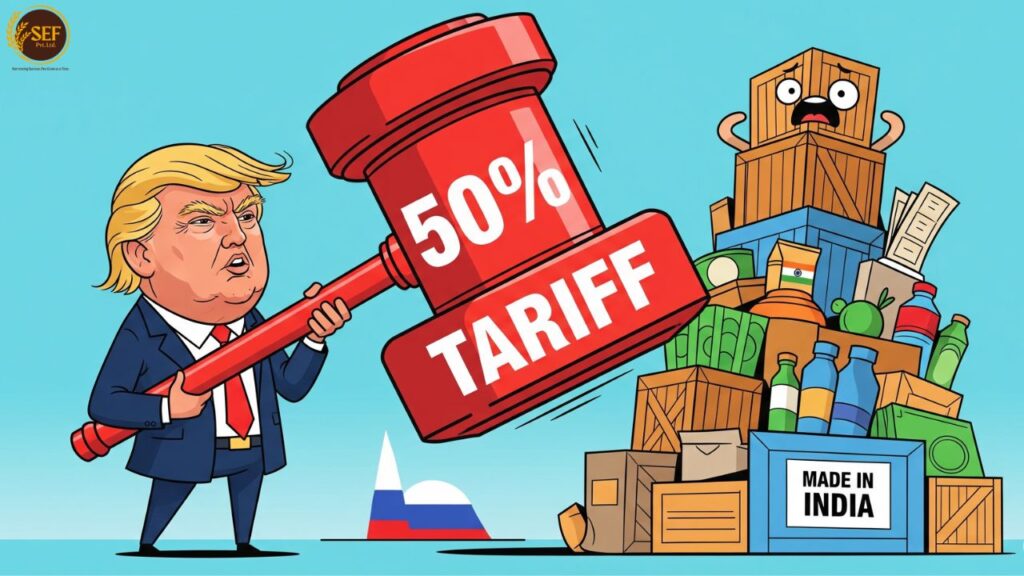 Donald Trump cartoon holding a hammer marked "50% Tariff" aiming at Indian export products with "Made in India" label.