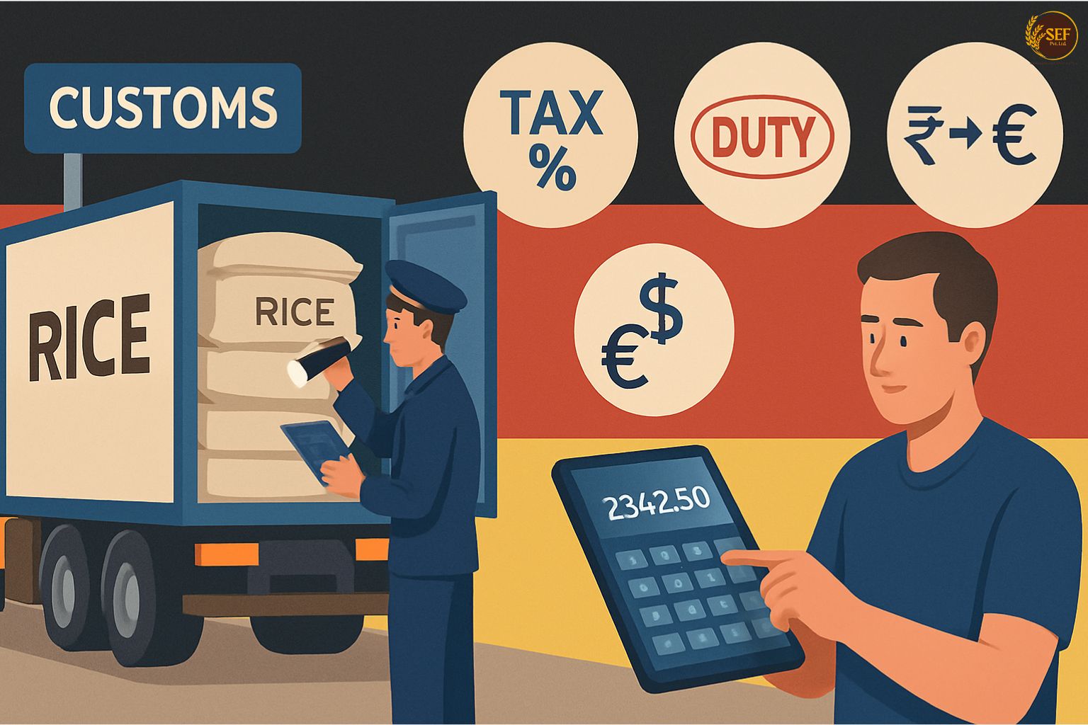 Customs officer checking rice import duties and taxes to Germany