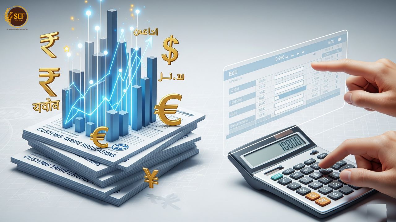 Financial graphs and a calculator for customs duties and export pricing.
