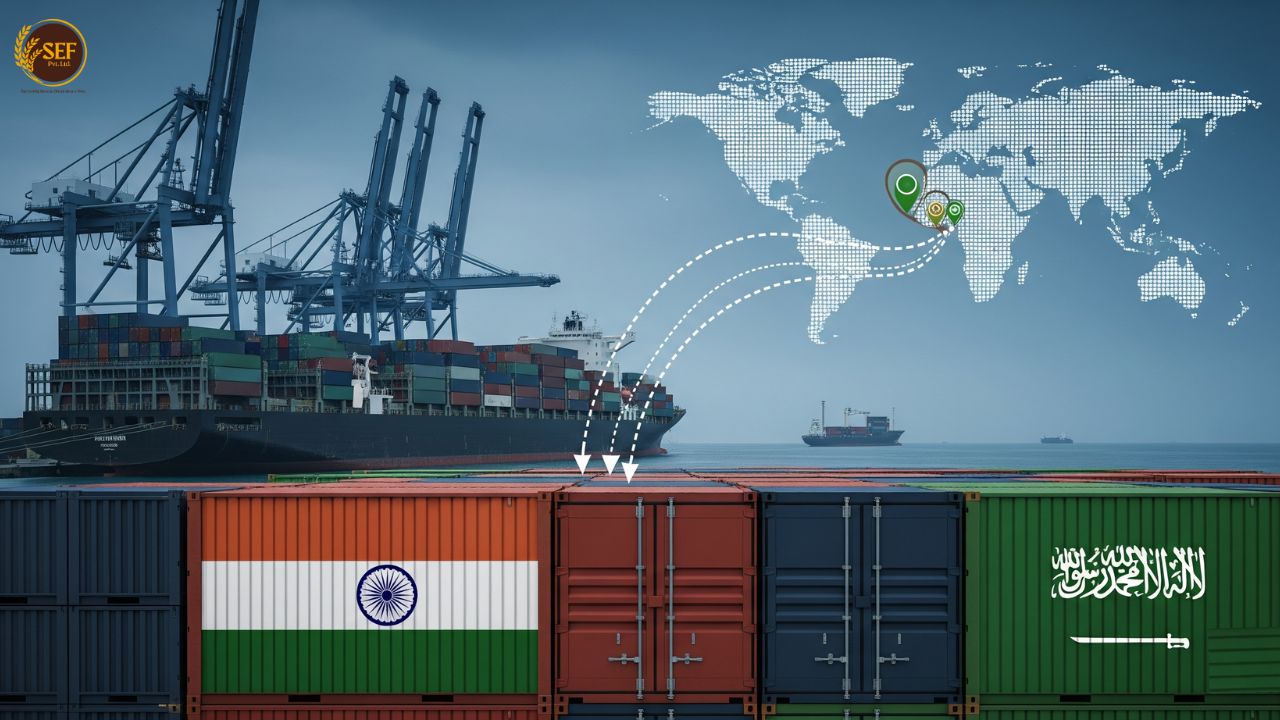 Cargo ship and containers at a busy port, symbolizing rice shipping.