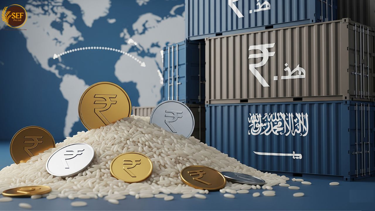 Indian Rupee and Saudi Riyal symbols with a pile of Basmati rice.