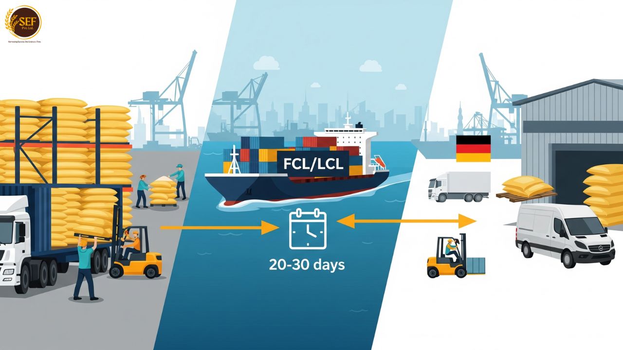 Transit timeline from Indian port to German destination for rice containers
