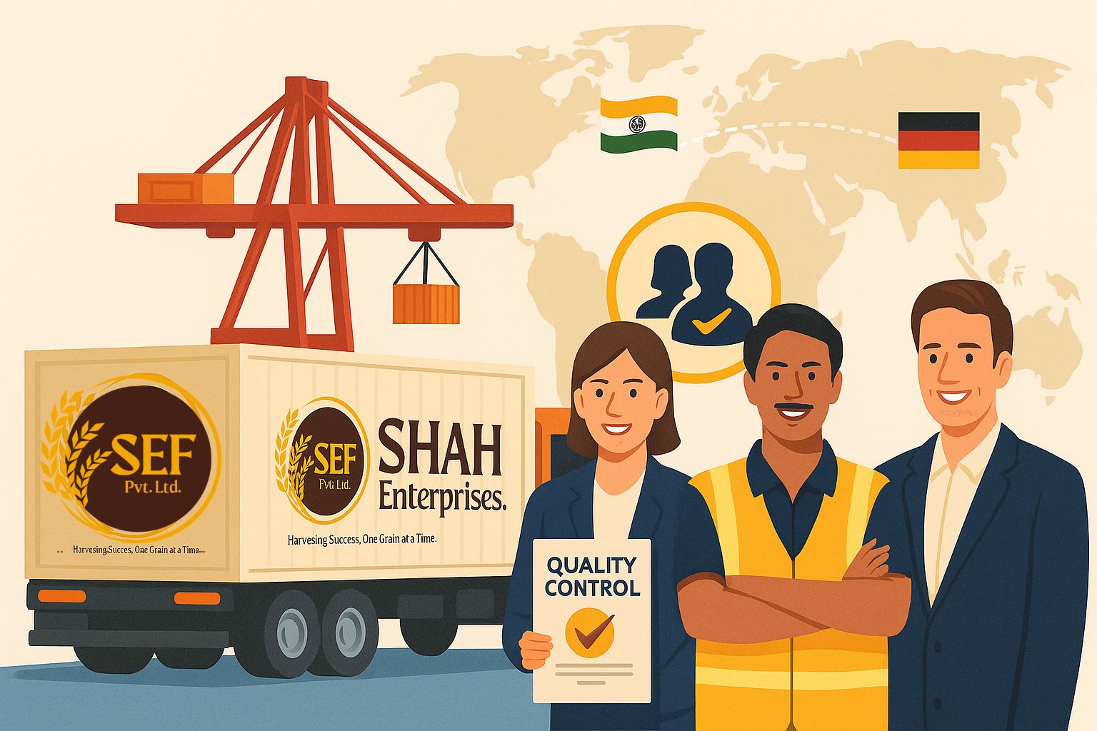 Shah Enterprises export container and global rice trade team.