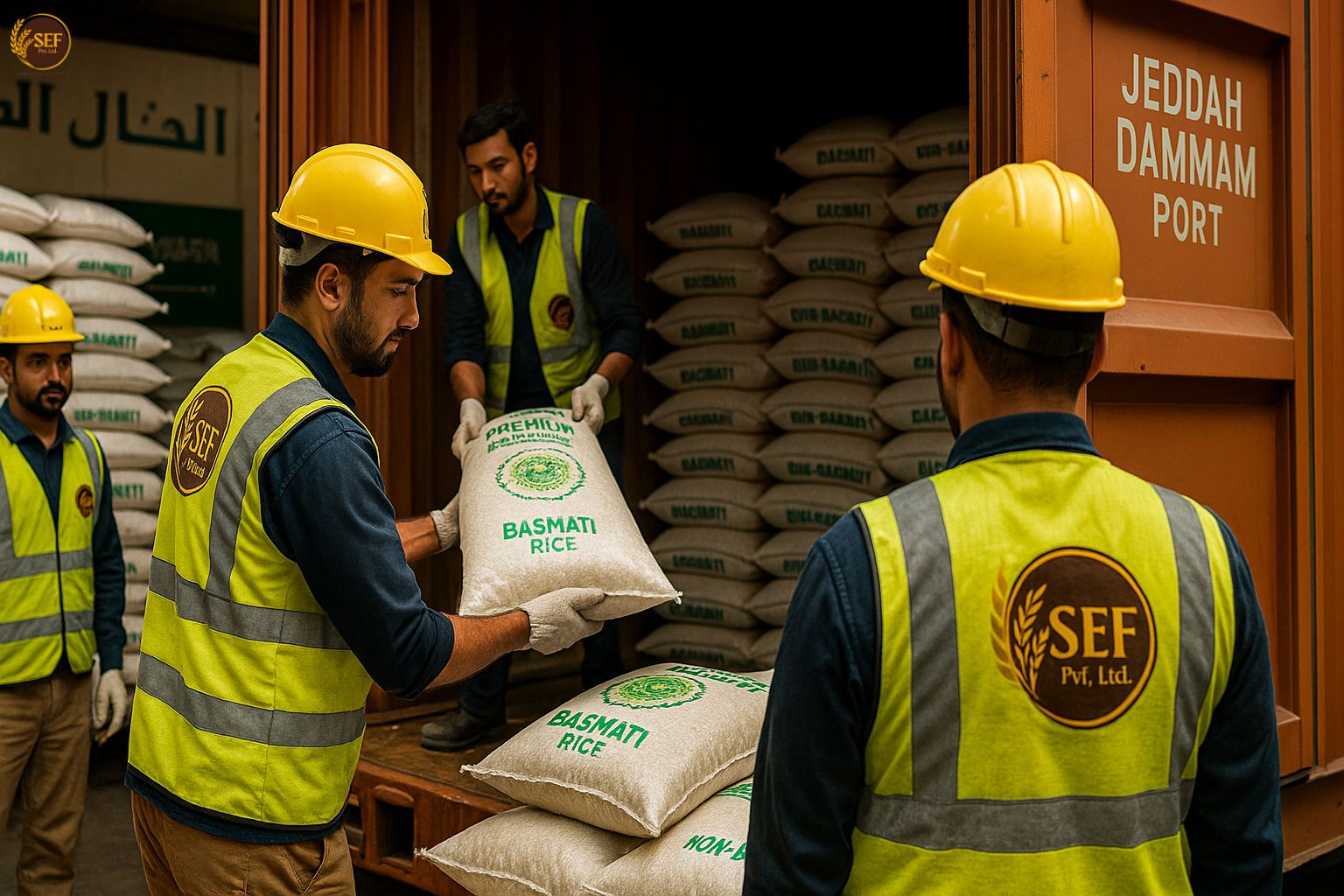 Shah Enterprises branded rice sacks in a modern warehouse, ready for export.