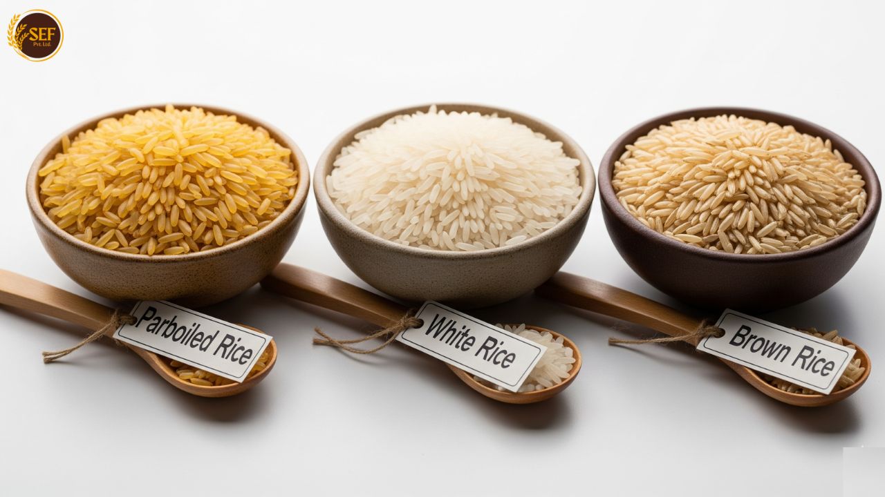 Comparison of parboiled rice, white rice, and brown rice in bowls side by side.