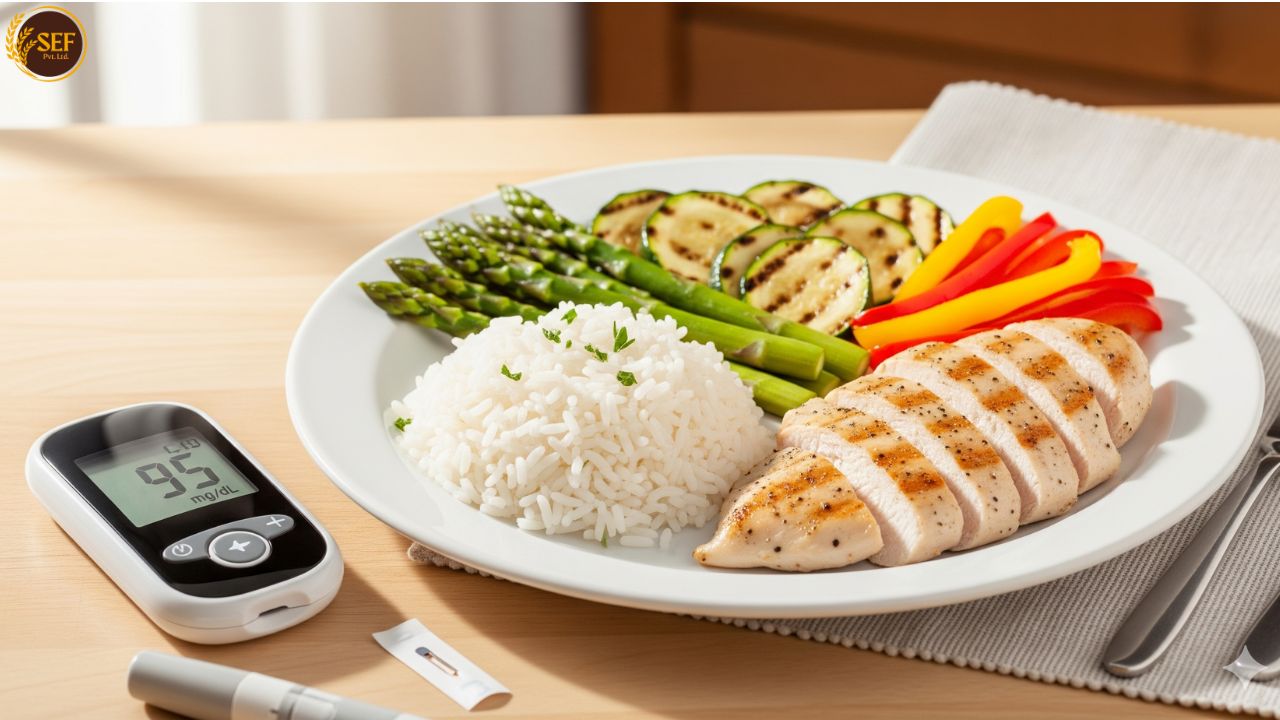 Diabetic-friendly meal with parboiled rice and glucometer showing stable sugar levels.