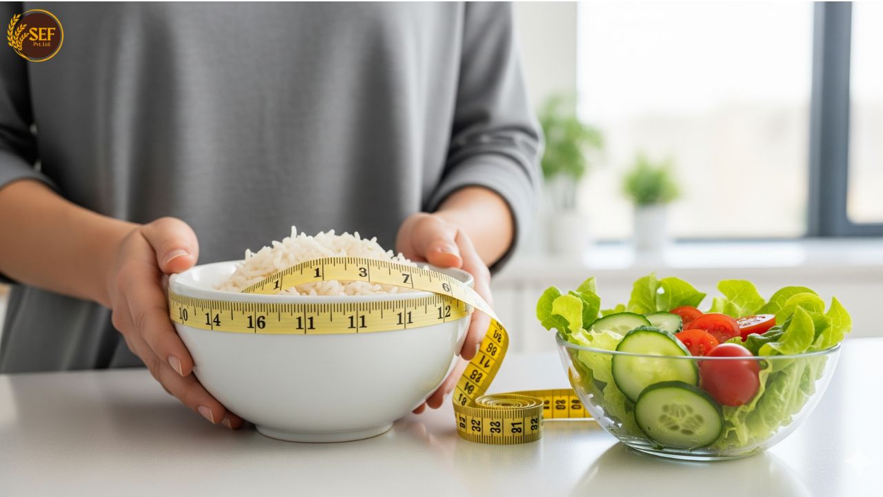 Cooked parboiled rice in bowl with measuring tape, symbolizing weight loss diet.