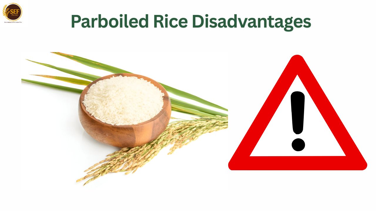 Close-up of parboiled rice in a bowl with a caution sign, symbolizing disadvantages of parboiled rice.
