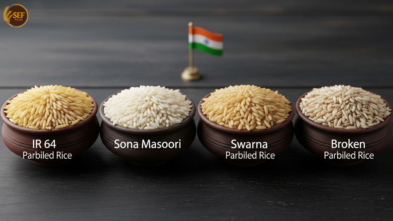 Different parboiled rice varieties (IR 64, Sona Masoori, Swarna) in bowls on wooden table with Indian flag.