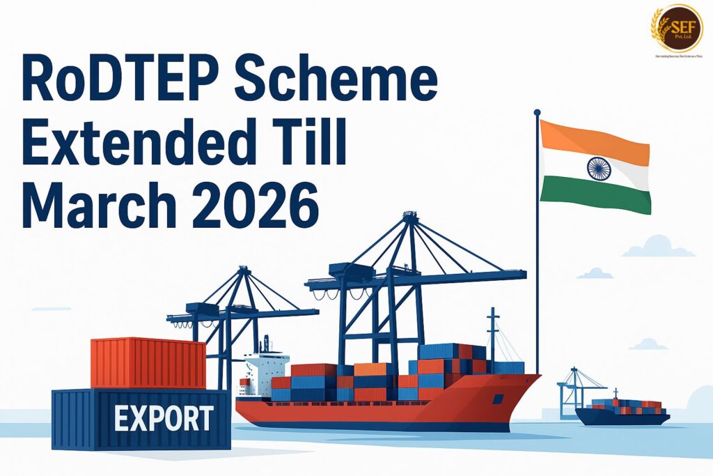 Infographic showing RoDTEP scheme extension till March 2026 with Indian cargo containers, ships, and cranes.