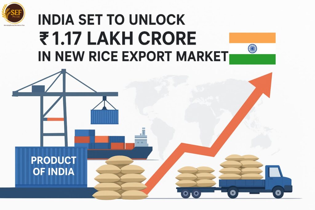 India rice export growth infographic showing containers, ships, and ₹1.17 lakh crore export opportunity under BIRC 2025 on a white background.