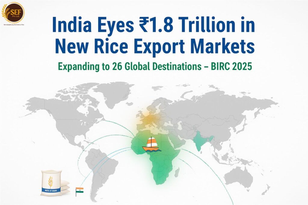 Infographic showing India expanding rice exports to 26 new markets worth ₹1.8 trillion with trade lines from India to global destinations.