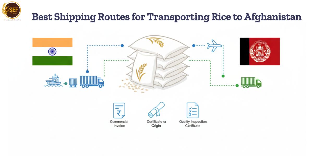 Main shipping routes for rice export from India to Afghanistan via Iran and UAE.