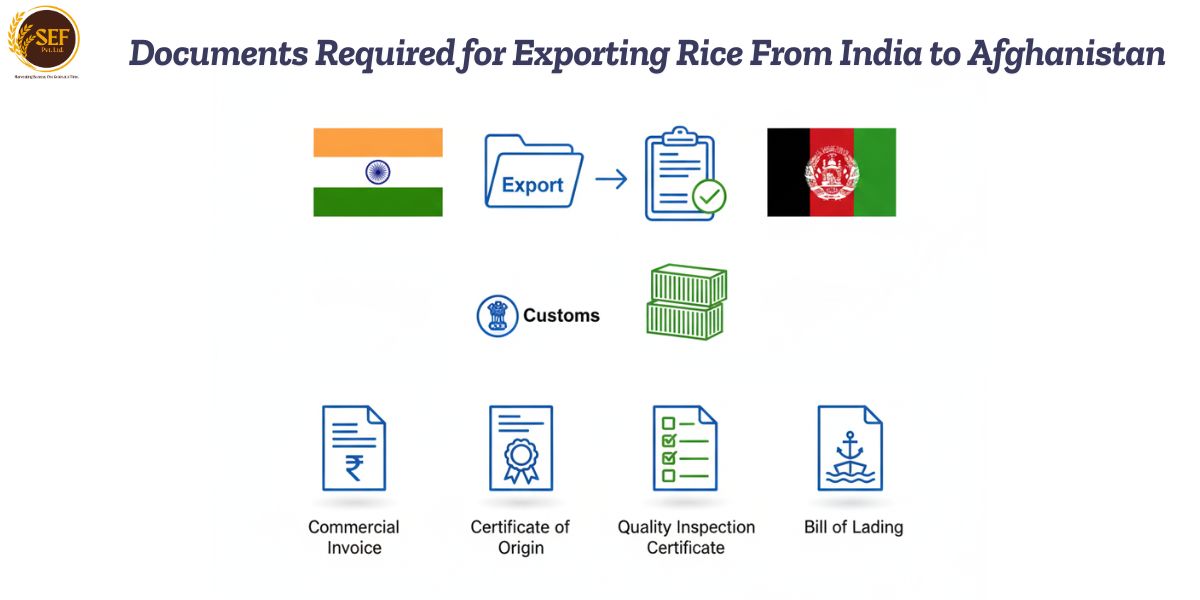 Required export documents for sending rice from India to Afghanistan.