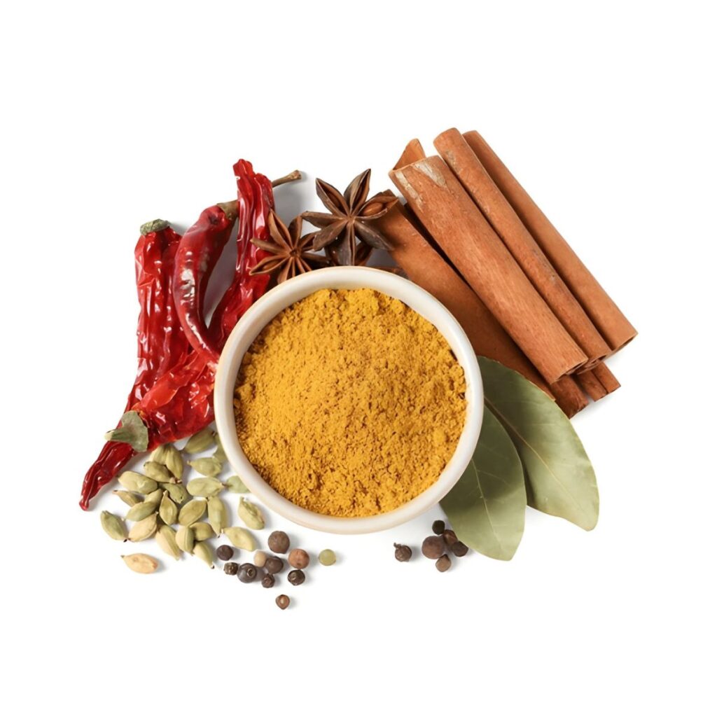 Assorted Indian spices including turmeric, cumin, and chili prepared for export.