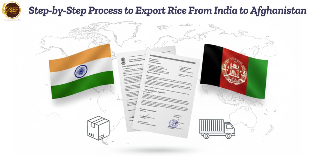 Step-by-step rice export process from India to Afghanistan with documentation and logistics.