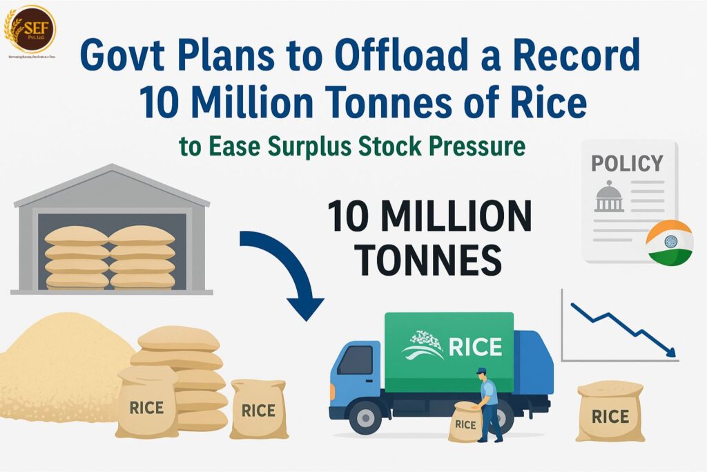 Infographic showing India’s plan to offload 10 million tonnes of rice with warehouse stocks, transport trucks, policy document, and downward surplus graph.