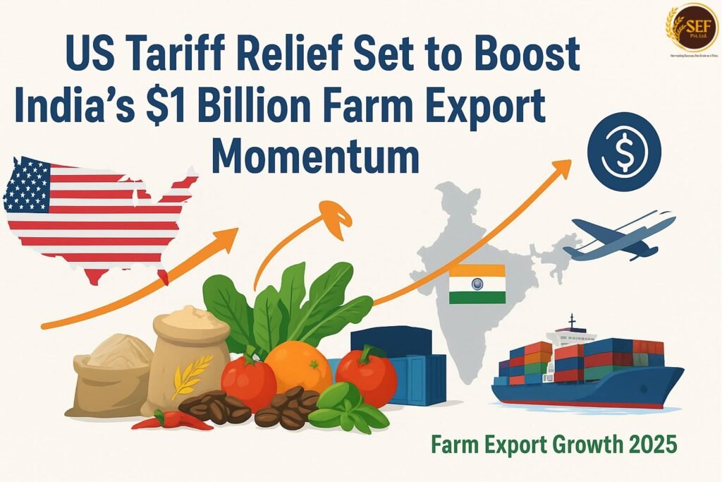 Infographic showing India’s farm export growth after US tariff relief, featuring cargo containers, agriculture products, and US–India trade visuals.
