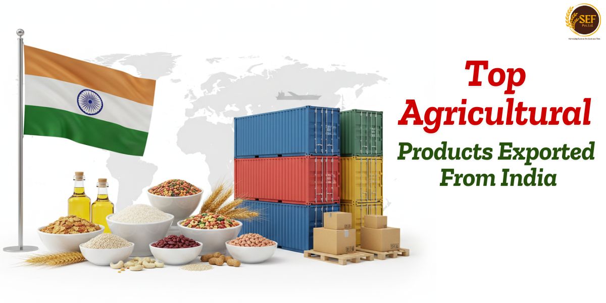 Indian agricultural products with export containers and India flag showcasing top agricultural products exported from India.