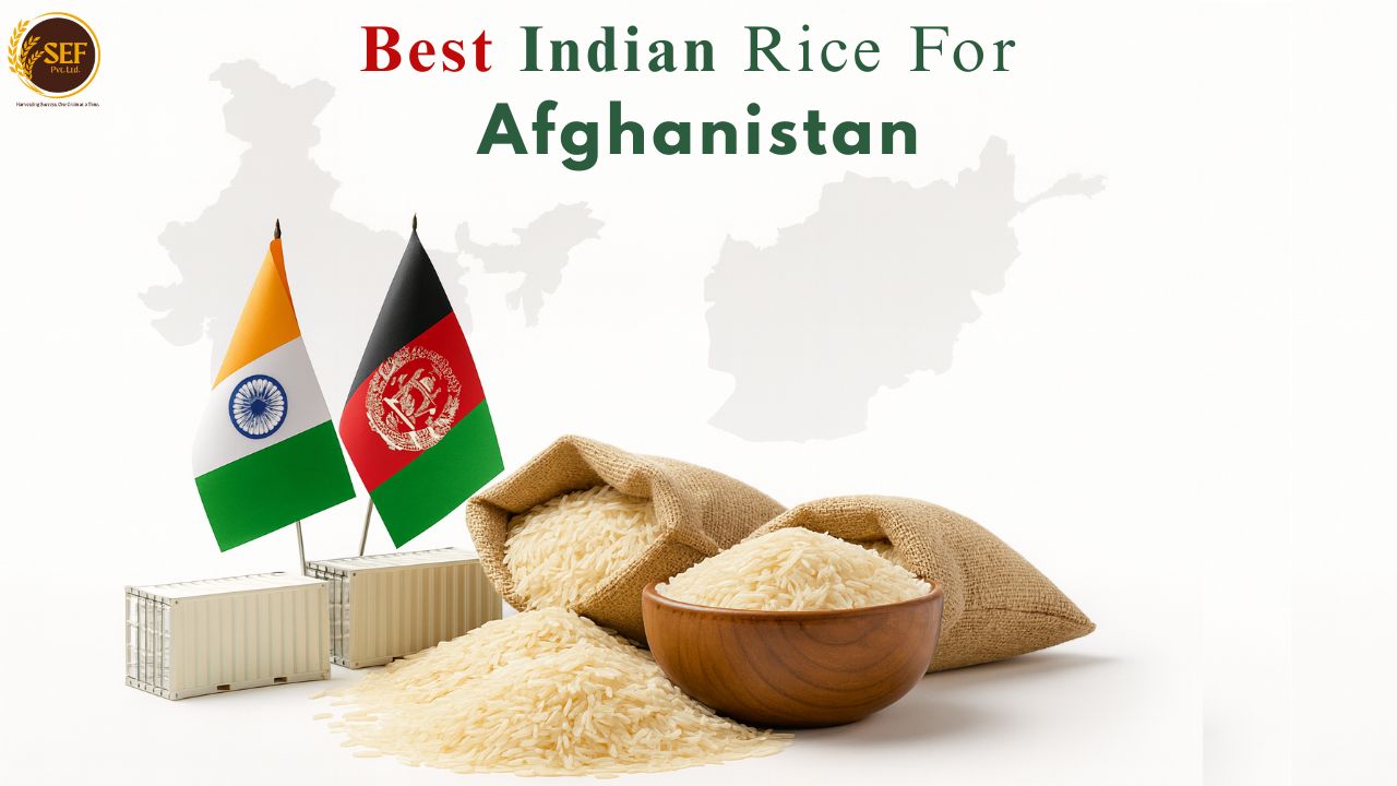 Best Indian rice for Afghanistan featuring basmati rice, jute bags, and India-Afghanistan flags.