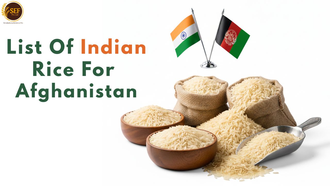 List of Indian rice varieties for Afghanistan with rice sacks, bowls, and India-Afghanistan flags.