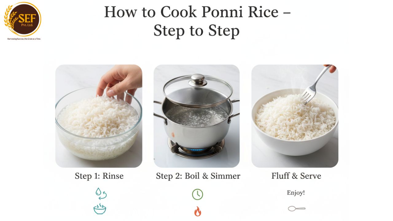 How to cook Ponni rice perfectly using stovetop, pressure cooker, or rice cooker.