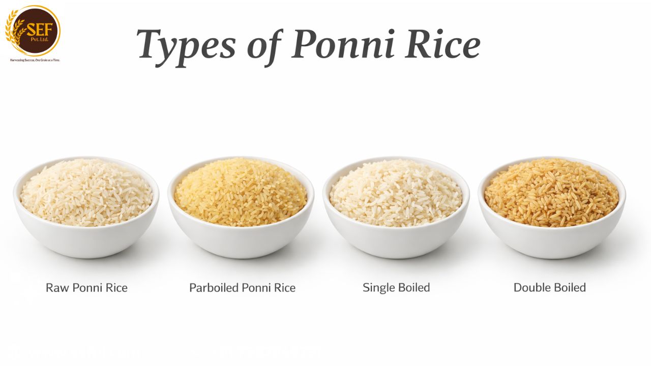 Different types of Ponni rice including raw, parboiled, single boiled, and double boiled varieties