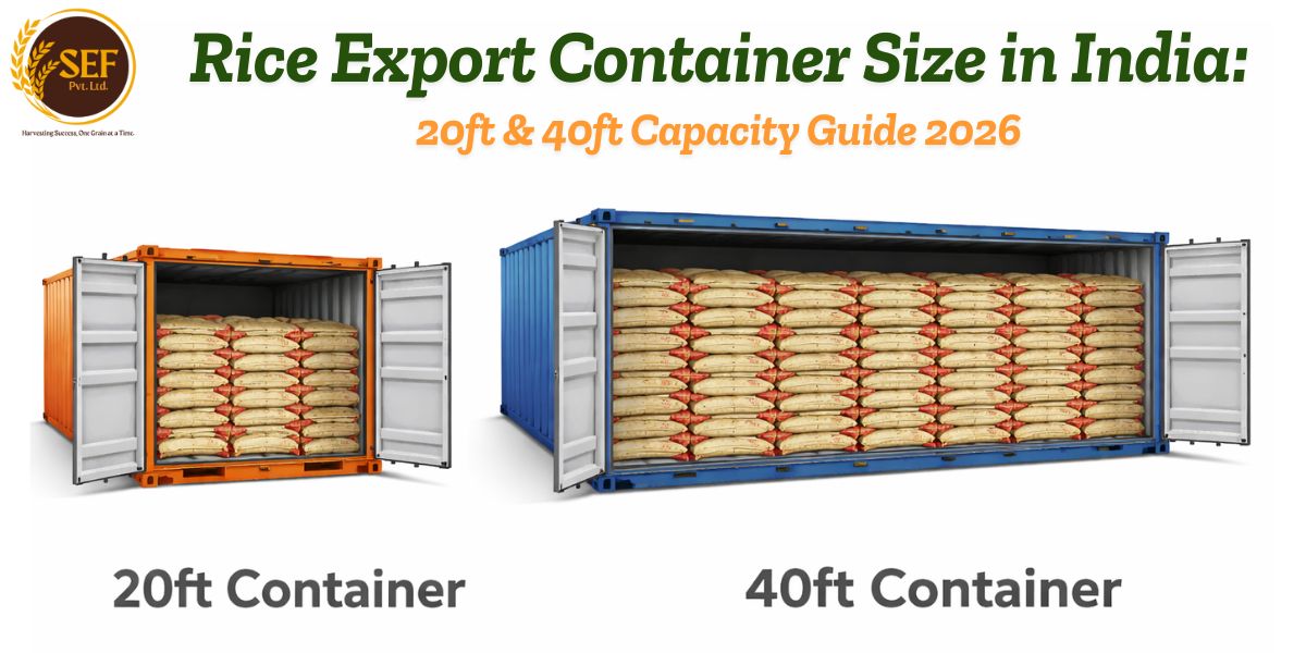 Rice export container size in India showing 20ft and 40ft container rice bag capacity