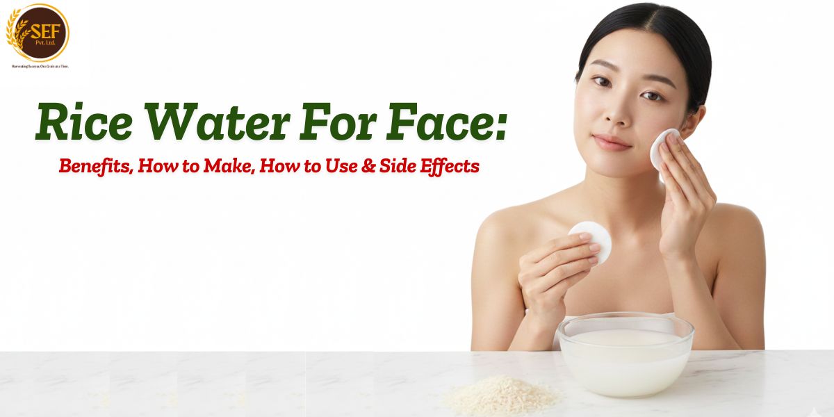 Rice water for face benefits showing woman applying rice water toner for glowing, clear and hydrated skin on white background